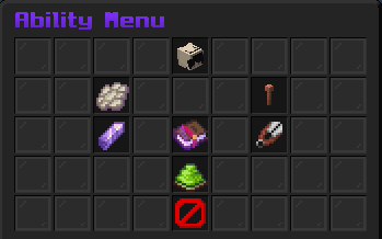 The ability menu, a chest-style screen with your head, both ability slots, the shard info, the codex button, and a close button