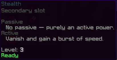 Tooltip on the secondary slot showing passive, active, level, and status