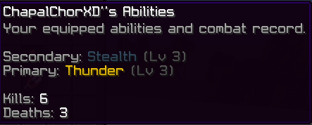 Tooltip on the player head showing equipped abilities, kills, and deaths
